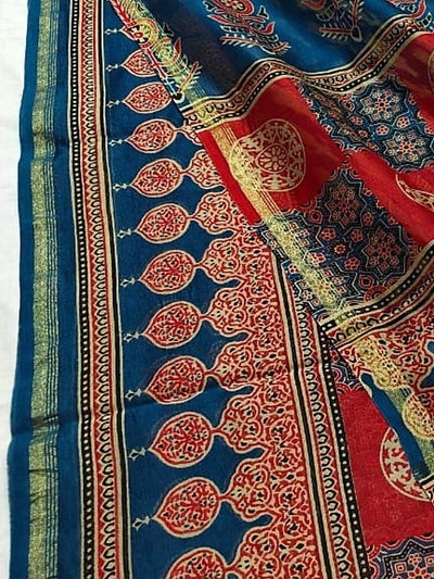 Indiehaat | Chanderi Silk Ajrakh Print Saree Red