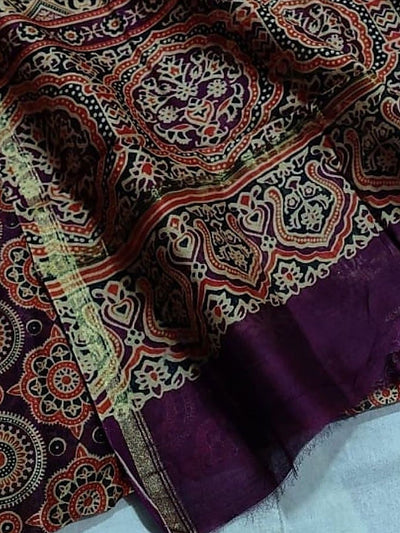 Indiehaat | Chanderi Silk Ajrakh Print Saree Red