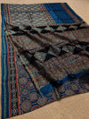 Indiehaat | Chanderi Silk Ajrakh Print Saree Blue
