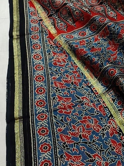 Indiehaat | Chanderi Silk Ajrakh Print Saree Multicolor