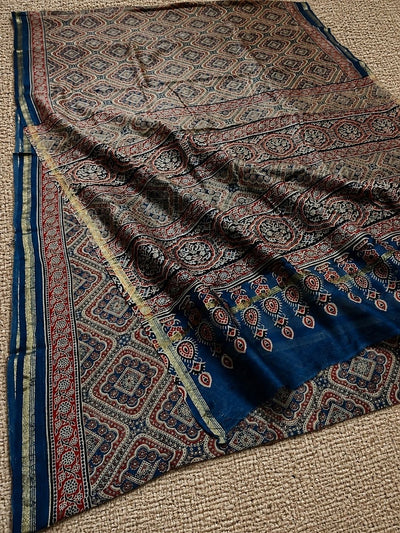 Indiehaat | Chanderi Silk Ajrakh Print Saree Multicolor