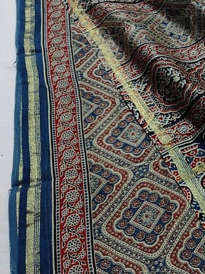 Indiehaat | Chanderi Silk Ajrakh Print Saree Multicolor