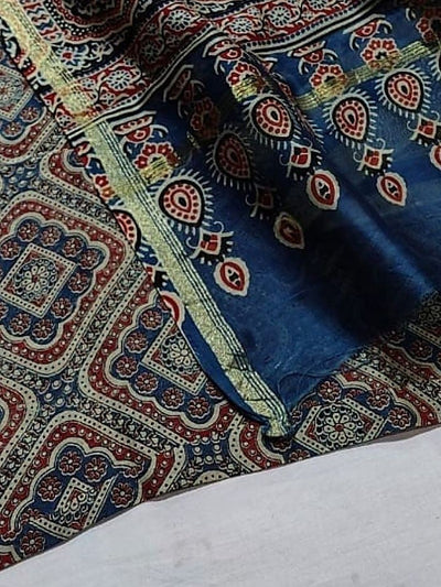Indiehaat | Chanderi Silk Ajrakh Print Saree Multicolor