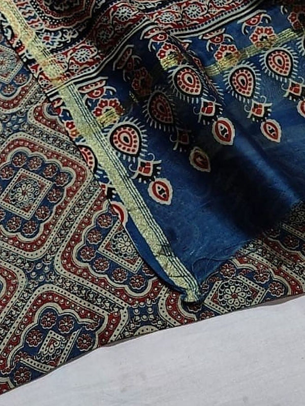 Indiehaat | Chanderi Silk Ajrakh Print Saree Multicolor