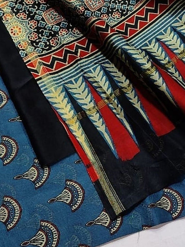 Indiehaat | Chanderi Silk Ajrakh Print Saree Blue
