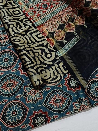 Indiehaat | Chanderi Silk Ajrakh Print Saree Blue