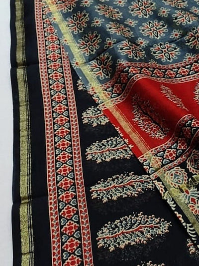 Indiehaat | Chanderi Silk Ajrakh Print Saree Black