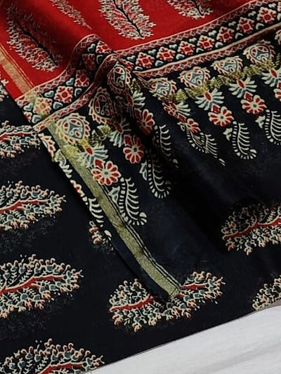 Indiehaat | Chanderi Silk Ajrakh Print Saree Black
