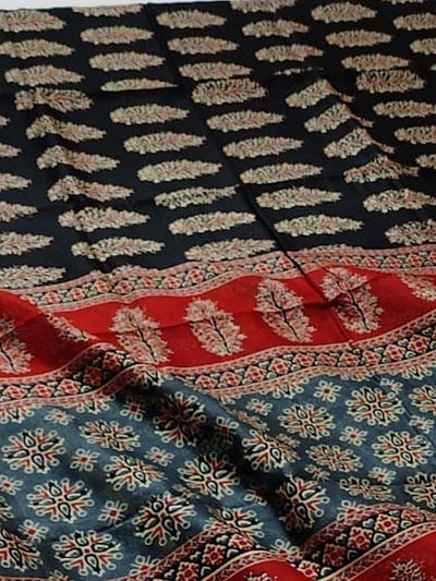 Indiehaat | Chanderi Silk Ajrakh Print Saree Black