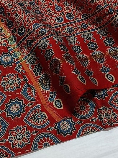 Indiehaat | Chanderi Silk Ajrakh Print Saree Red