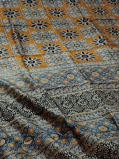 Indiehaat | Chanderi Silk Ajrakh Print Saree Yellow