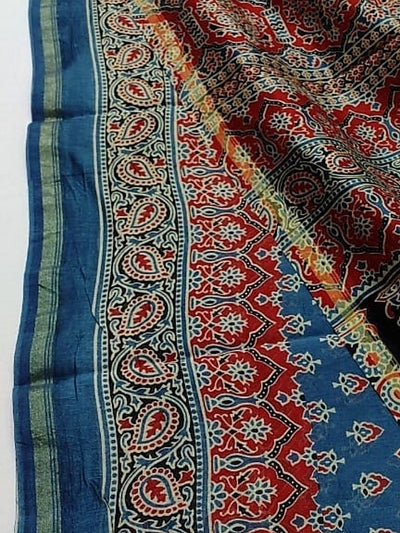 Indiehaat | Chanderi Silk Ajrakh Print Saree Blue