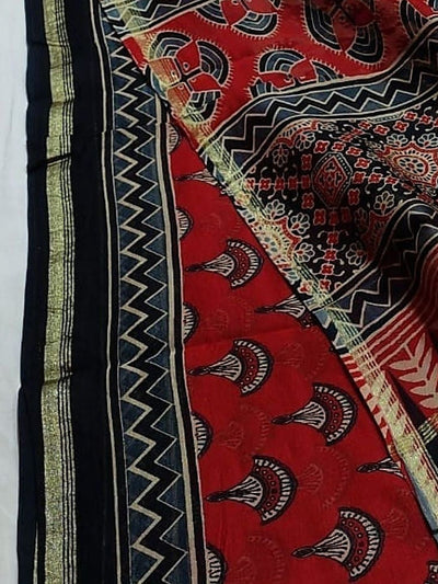 Indiehaat | Chanderi Silk Ajrakh Print Saree Red