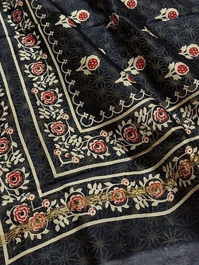 Indiehaat | Chanderi Silk Ajrakh Print Saree Black