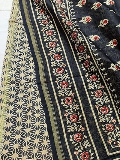 Indiehaat | Chanderi Silk Ajrakh Print Saree Black