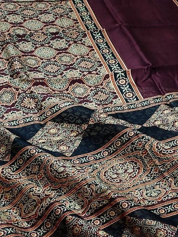 Indiehaat | Chanderi Silk Ajrakh Print Saree Red