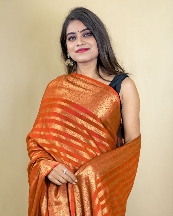 Indiehaat | Banarasi Georgette Silk Saree Orange
