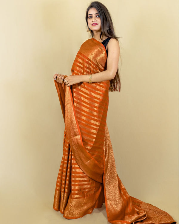 Indiehaat | Banarasi Georgette Silk Saree Orange