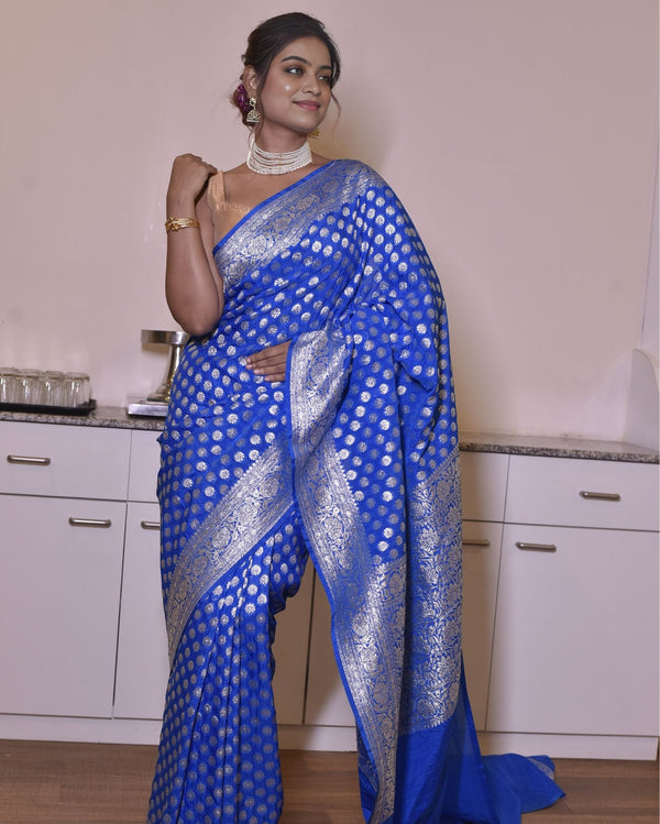 Indiehaat | Banarasi Georgette Silk Saree Blue