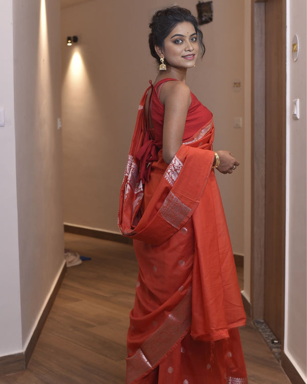 Indiehaat | Banarasi Georgette Silk Saree Orange