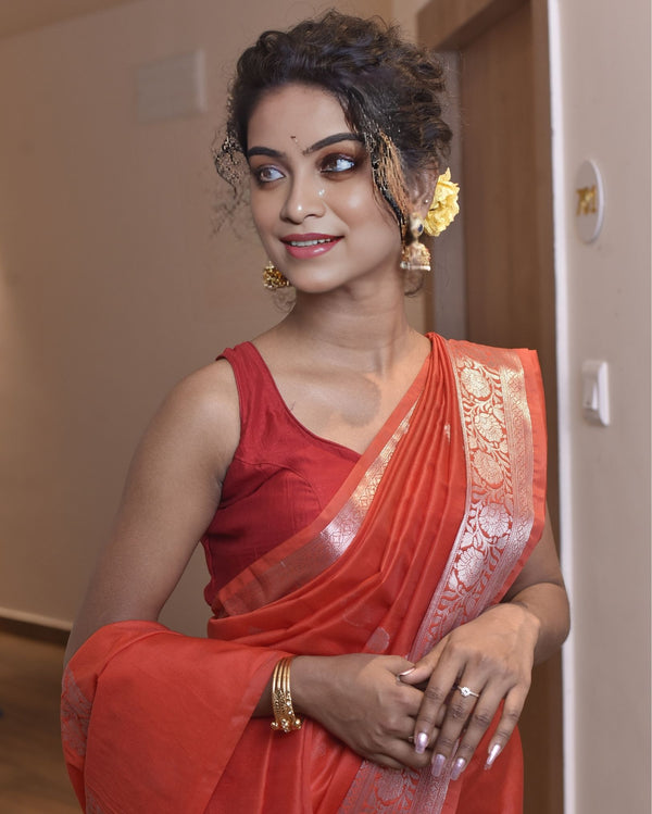 Indiehaat | Banarasi Georgette Silk Saree Orange