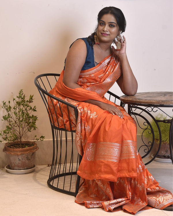 Indiehaat | Banarasi Masharoo Silk Saree Orange