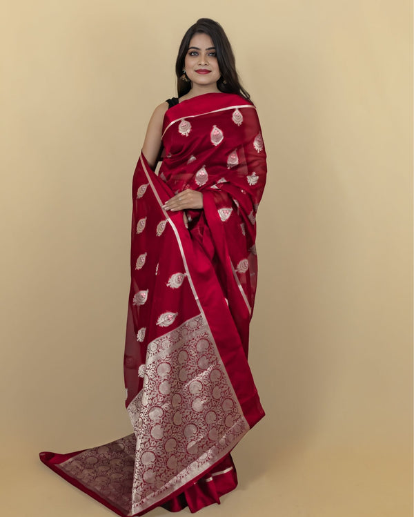 Indiehaat | Banarasi Brocade Organza Silk Saree Red