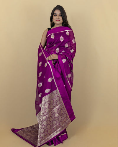 Indiehaat | Banarasi Brocade Organza Silk Saree Pink