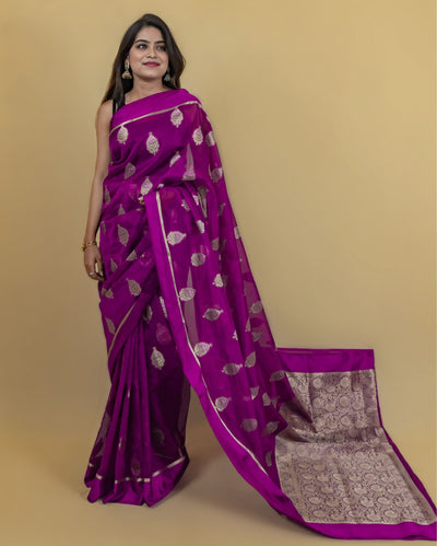 Indiehaat | Banarasi Brocade Organza Silk Saree Pink