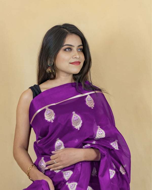 Indiehaat | Banarasi Brocade Organza Silk Saree Purple