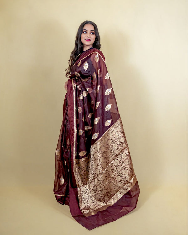Indiehaat | Banarasi Brocade Organza Silk Saree Brown