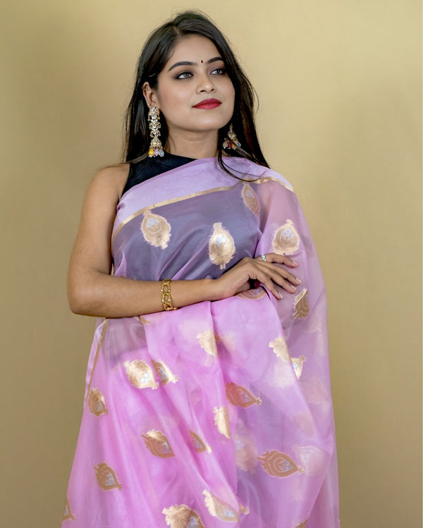 Indiehaat | Banarasi Brocade Organza Silk Saree Pink