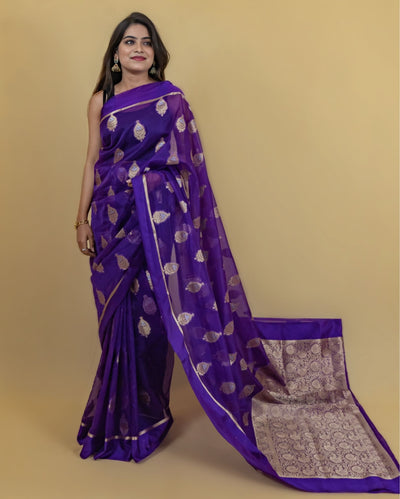 Indiehaat | Banarasi Brocade Organza Silk Saree Purple