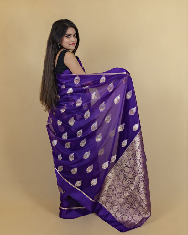 Indiehaat | Banarasi Brocade Organza Silk Saree Purple