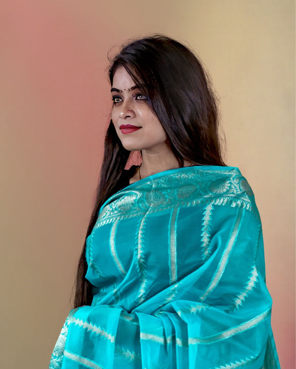 Indiehaat | Banarasi Brocade Organza Silk Saree Blue