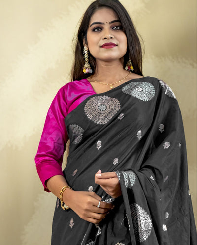 Indiehaat | Banarasi Brocade Raw Mango Silk Saree Black