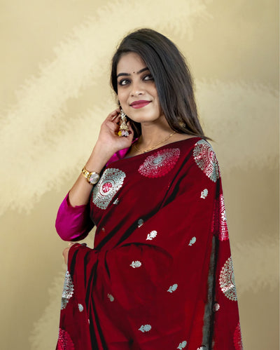 Indiehaat | Banarasi Brocade Raw Mango Silk Saree Maroon