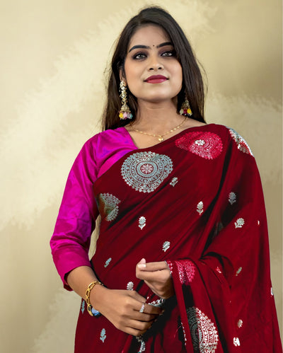 Indiehaat | Banarasi Brocade Raw Mango Silk Saree Maroon