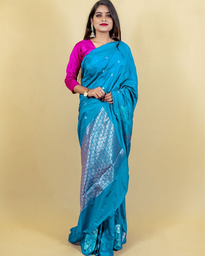 Indiehaat | Banarasi Brocade Raw Mango Silk Saree Blue