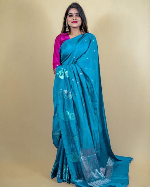 Indiehaat | Banarasi Brocade Raw Mango Silk Saree Blue