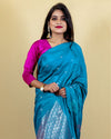 Indiehaat | Banarasi Brocade Raw Mango Silk Saree Blue