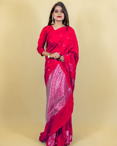 Indiehaat | Banarasi Brocade Raw Mango Silk Saree Red