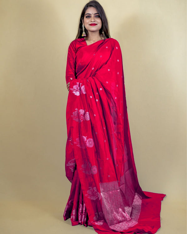 Indiehaat | Banarasi Brocade Raw Mango Silk Saree Red