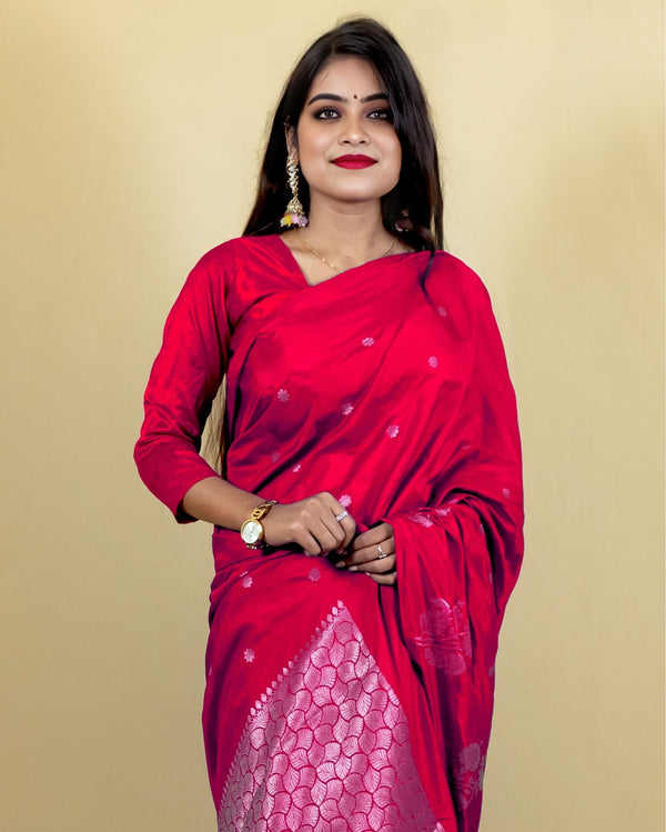 Indiehaat | Banarasi Brocade Raw Mango Silk Saree Red