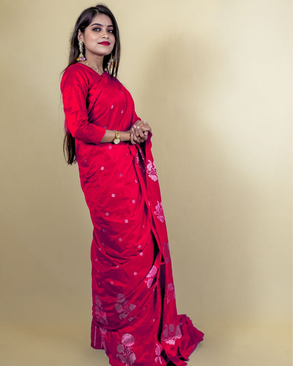 Indiehaat | Banarasi Brocade Raw Mango Silk Saree Red