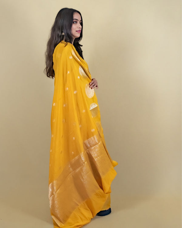 Indiehaat | Banarasi Brocade Raw Mango Silk Saree Yellow