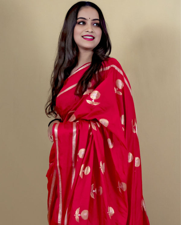 Indiehaat | Banarasi Brocade Raw Mango Silk Saree Red
