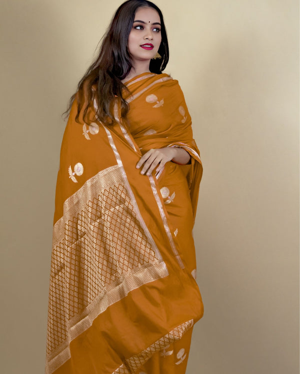 Indiehaat | Banarasi Brocade Raw Mango Silk Saree Orange