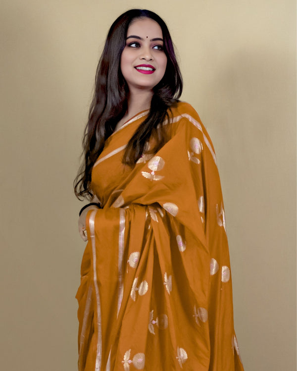 Indiehaat | Banarasi Brocade Raw Mango Silk Saree Orange