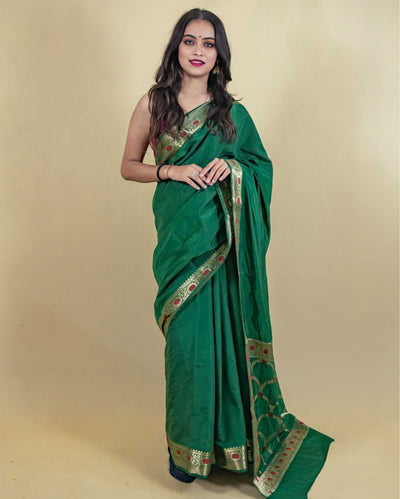 Indiehaat | Banarasi Brocade Raw Mango Silk Saree Green